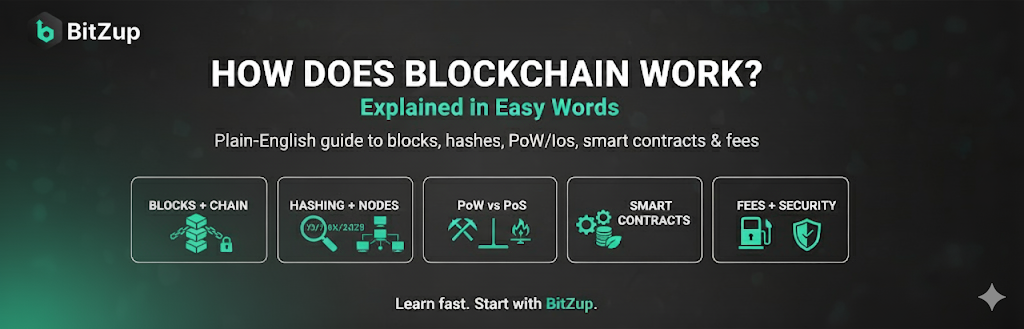 What is blockchain and how does blockchain work? Plain-English guide to blocks, hashes, PoW/PoS, smart contracts & fees. Learn fast start with BitZup.
