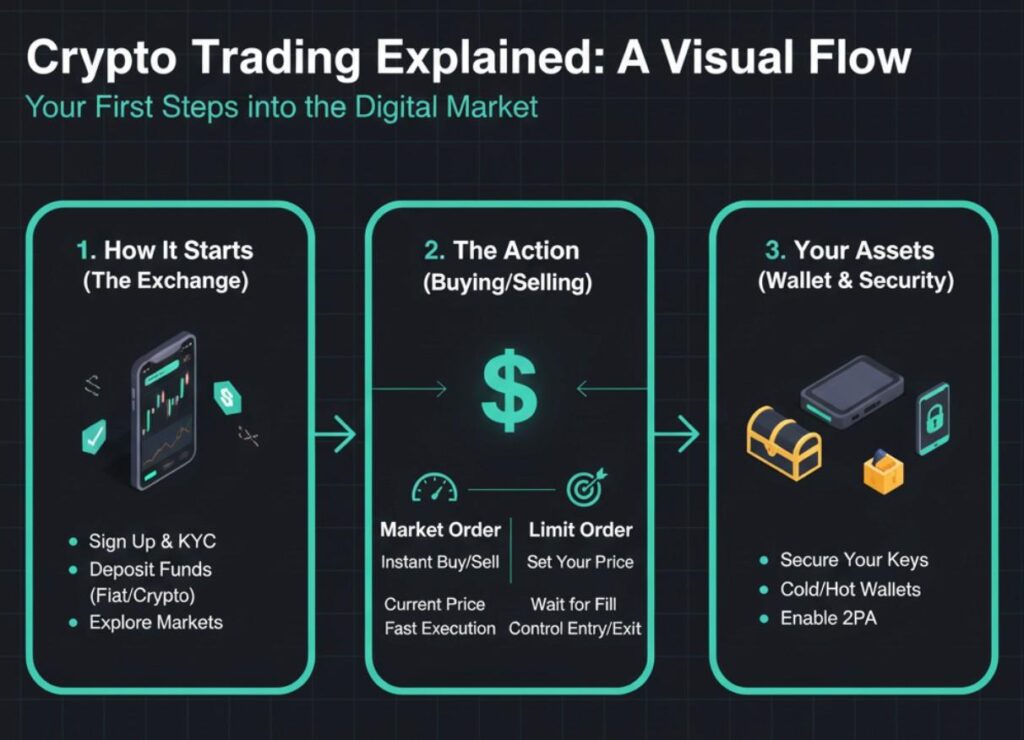 What is crypto trading? Learn the basics, simple steps, and main risks. Beginner’s guide with strategies, tools & safety tips. Start your first trade today!