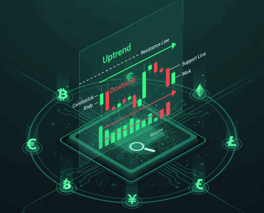 Learn the crypto chart basics fast! Understand candlestick meaning, volume, and simple support and resistance zones. Get started with how to read crypto chart. View our live pages!