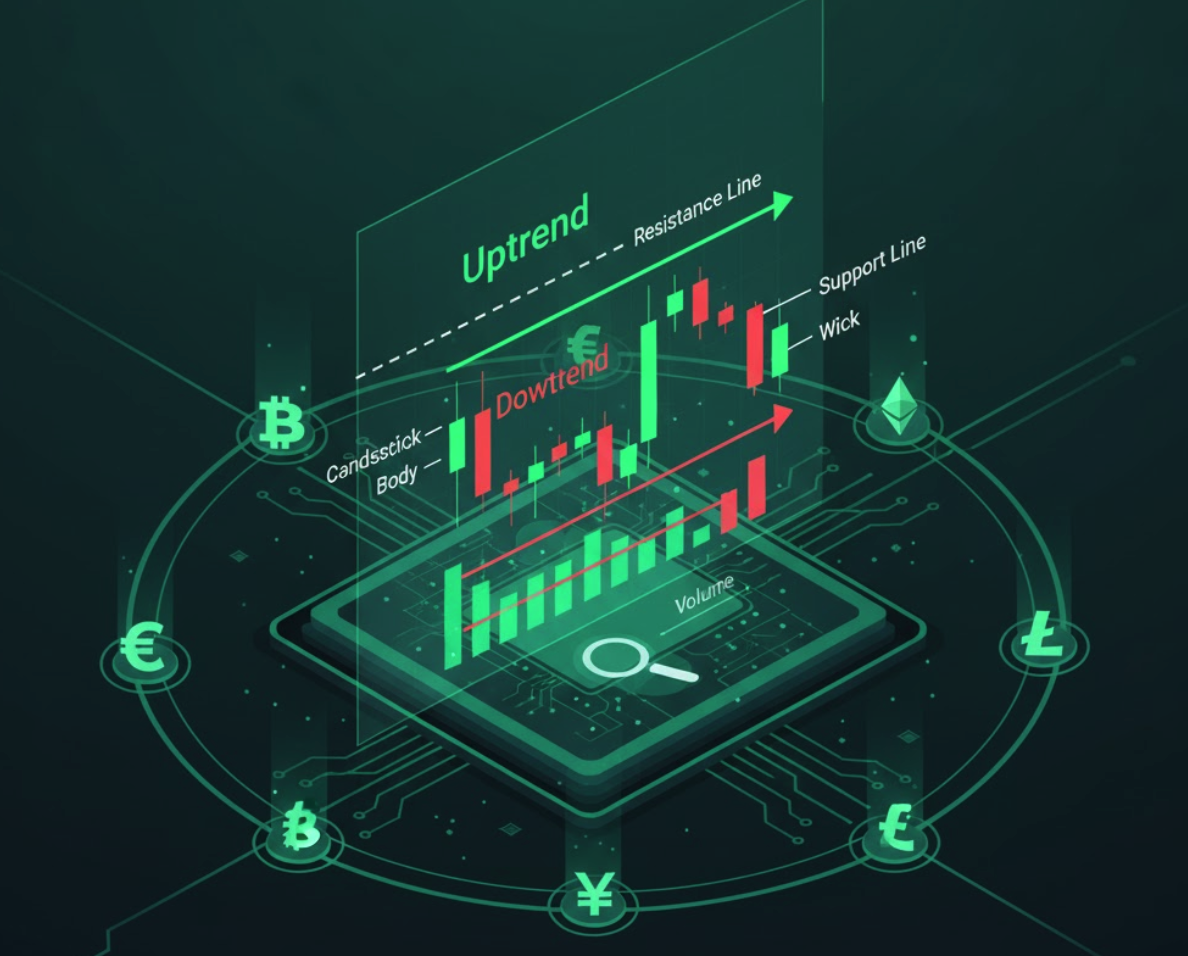 Learn the crypto chart basics fast! Understand candlestick meaning, volume, and simple support and resistance zones. Get started with how to read crypto chart. View our live pages!