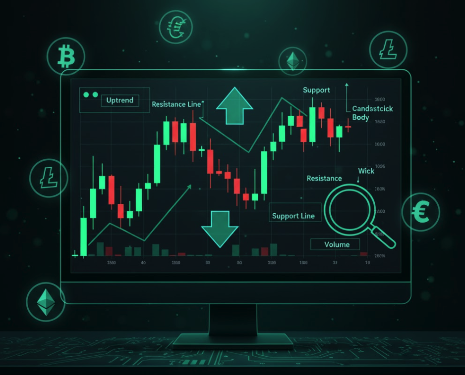 Learn the crypto chart basics fast! Understand candlestick meaning, volume, and simple support and resistance zones. Get started with how to read crypto chart. View our live pages!